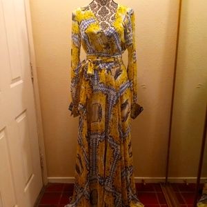 Blue and Yellow Sheer Maxi Dress XL